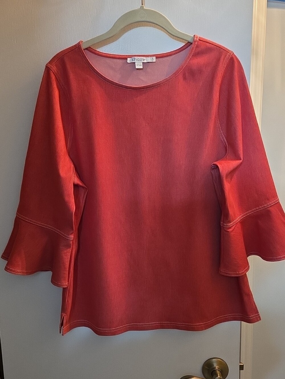 Adorable Chico's Coral Red Bell-Sleeve Tunic